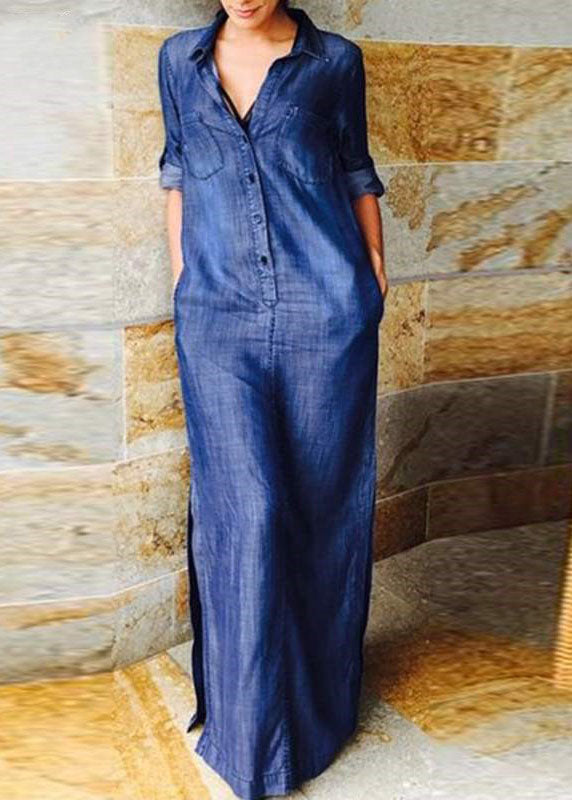 Blue Peter Pan Collar Patchwork Long Denim Dress Long Sleeve