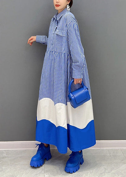 Blue Peter Pan Collar Patchwork Plaid Cotton Shirt Dresses Spring