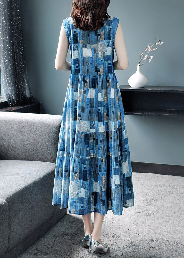 Blue Peter Pan Collar Plaid Wrinkled Maxi Dresses Summer