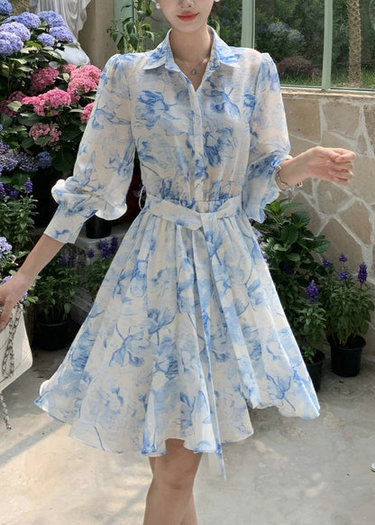 Blue Peter Pan Collar Print Tie Waist Cotton Blouses Dress Fall