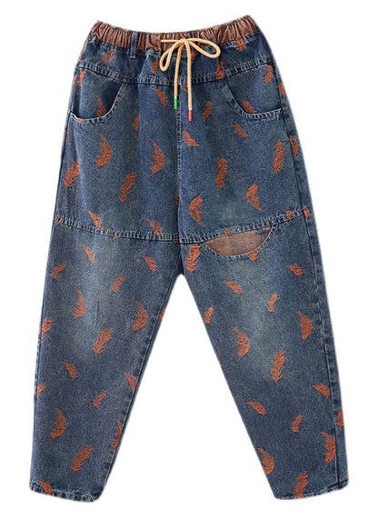Blue Pockets Print Elastic Waist Harem Pants Summer
