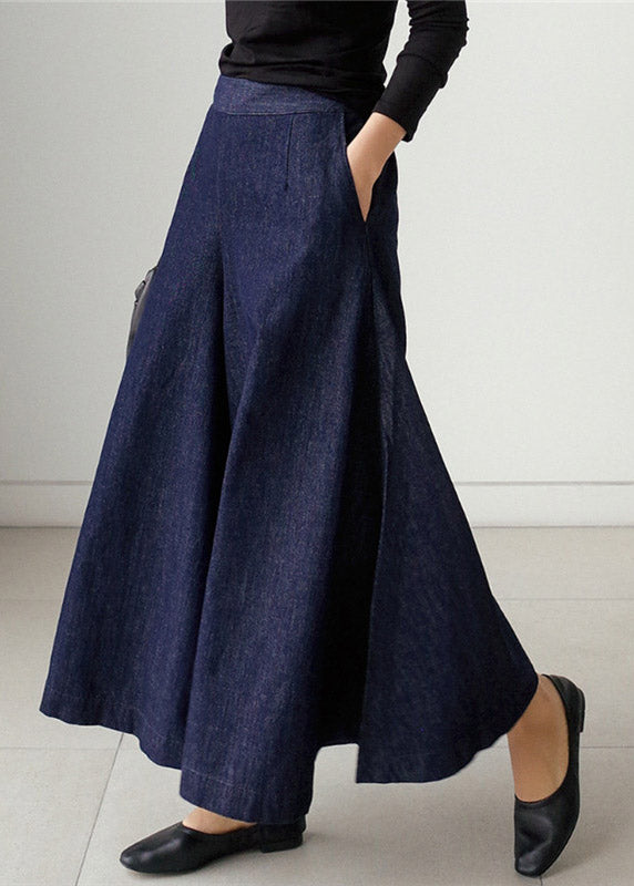 Blue Pockets Wide Leg Denim Pants Spring