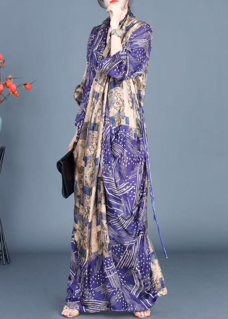 Blue Print Side Open Tie Waist Silk Long Dress Spring