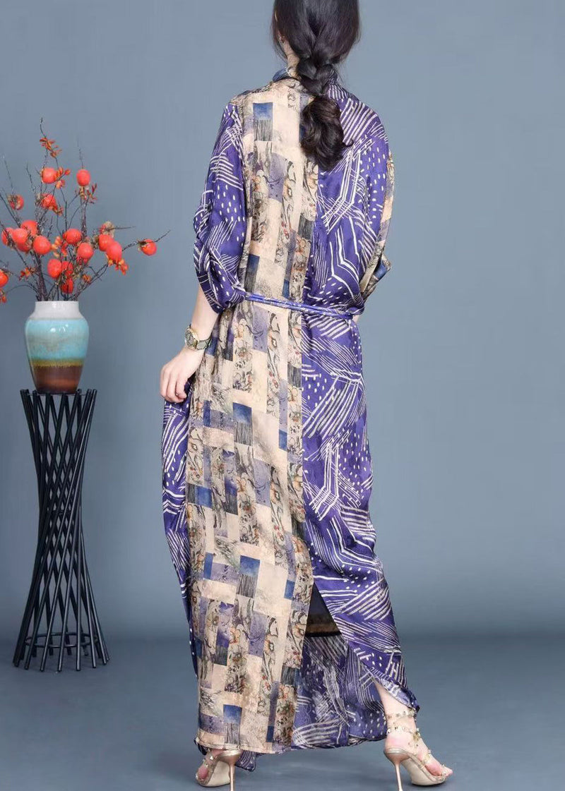 Blue Print Side Open Tie Waist Silk Long Dress Spring