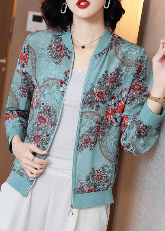 Blue Print Zippere Chiffon Sunscreen Sunscreen Coat Long Sleeve