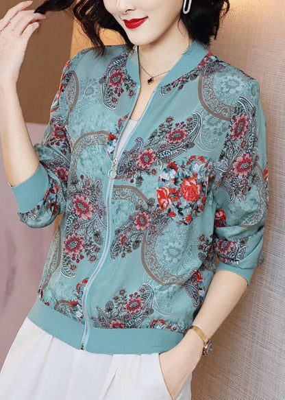 Blue Print Zippere Chiffon Sunscreen Sunscreen Coat Long Sleeve