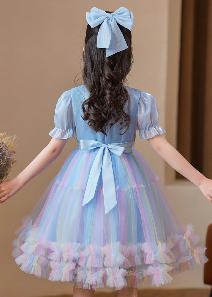 Blue Puff Sleeve Rainbow Exra Large Hem Tulle Kids Dress Summer