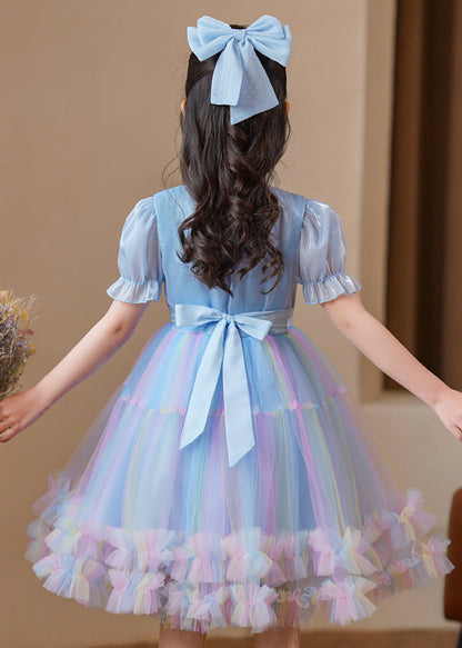 Blue Puff Sleeve Rainbow Exra Large Hem Tulle Kids Dress Summer