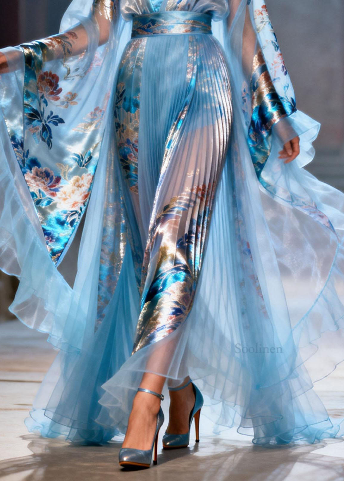 Blue Ruffled Print Chiffon Maxi Dresses Summer