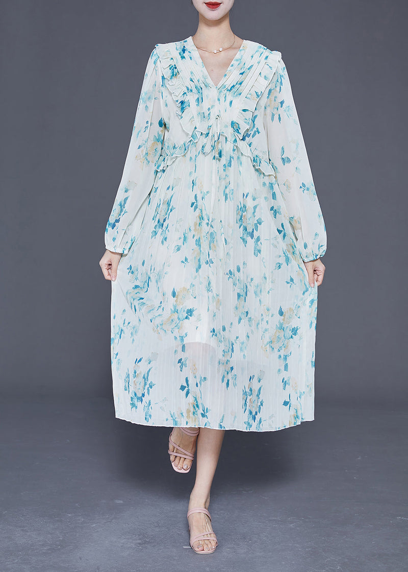 Blue Ruffled Print Wrinkled Chiffon Party Dress Summer