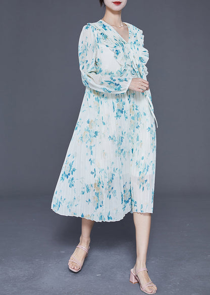 Blue Ruffled Print Wrinkled Chiffon Party Dress Summer