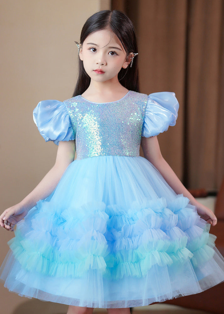 Blue Ruffled Tulle Kids Long Dress Puff Sleeve