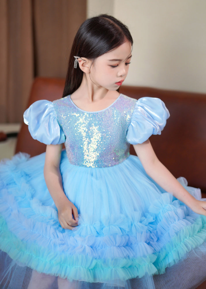Blue Ruffled Tulle Kids Long Dress Puff Sleeve