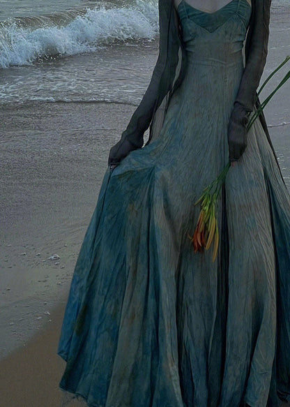 Blue Slash Neck Tie Dye Spaghetti Strap Maxi Dress Sleeveless