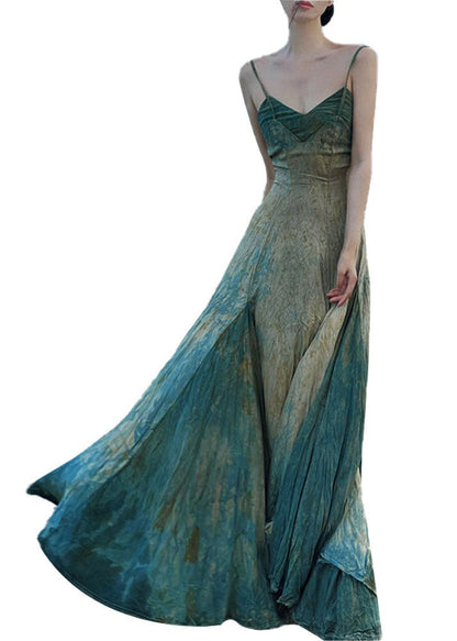 Blue Slash Neck Tie Dye Spaghetti Strap Maxi Dress Sleeveless
