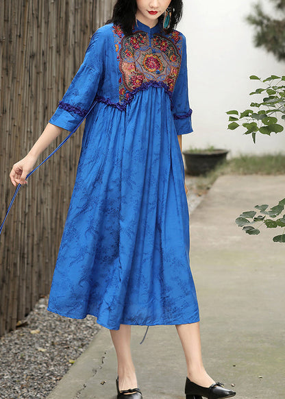 Blue Stand Collar Embroideried Drawstring Satin Dress Long Sleeve
