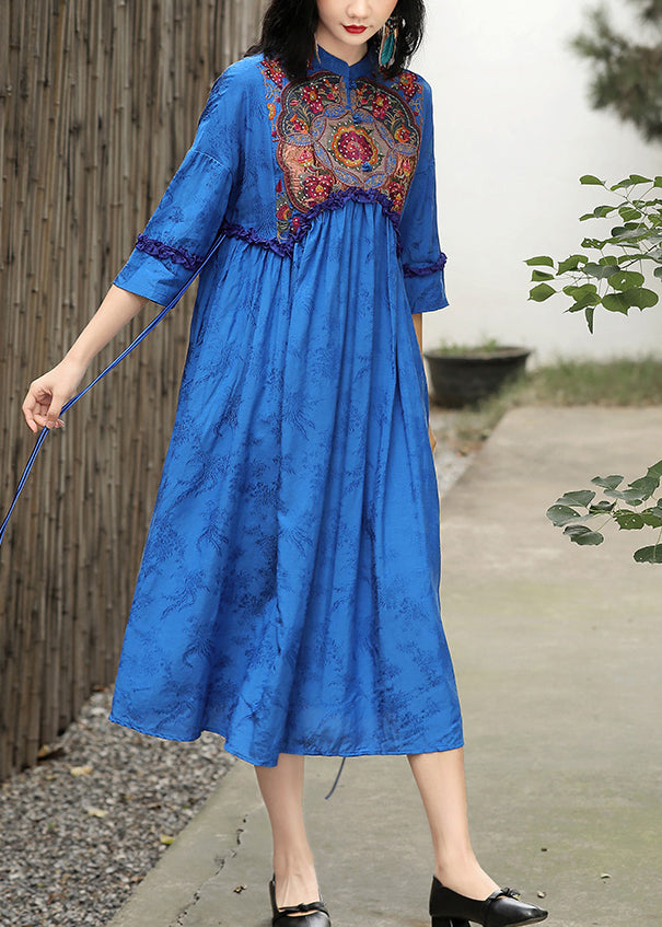Blue Stand Collar Embroideried Drawstring Satin Dress Long Sleeve