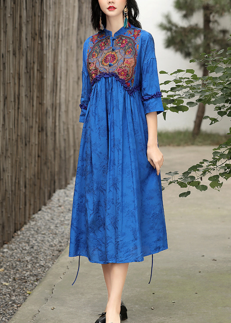 Blue Stand Collar Embroideried Drawstring Satin Dress Long Sleeve