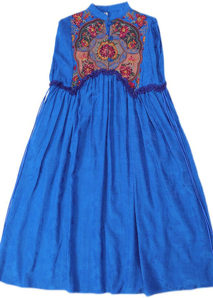 Blue Stand Collar Embroideried Drawstring Satin Dress Long Sleeve