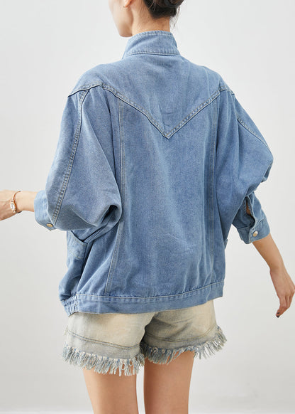 Blue Stand Collar Oversized Denim Coat Fall