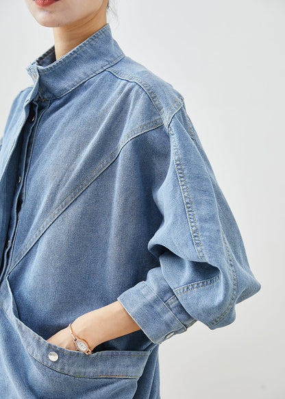Blue Stand Collar Oversized Denim Coat Fall