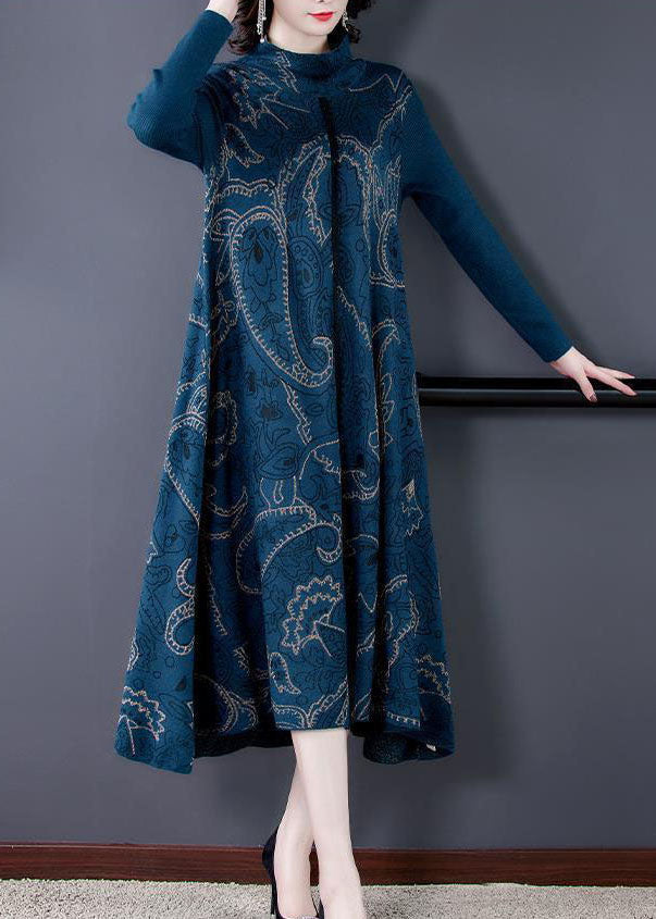 Blue Stand Collar Print Exra Large Hem Cotton Blend Knit Sweater Dress Winter