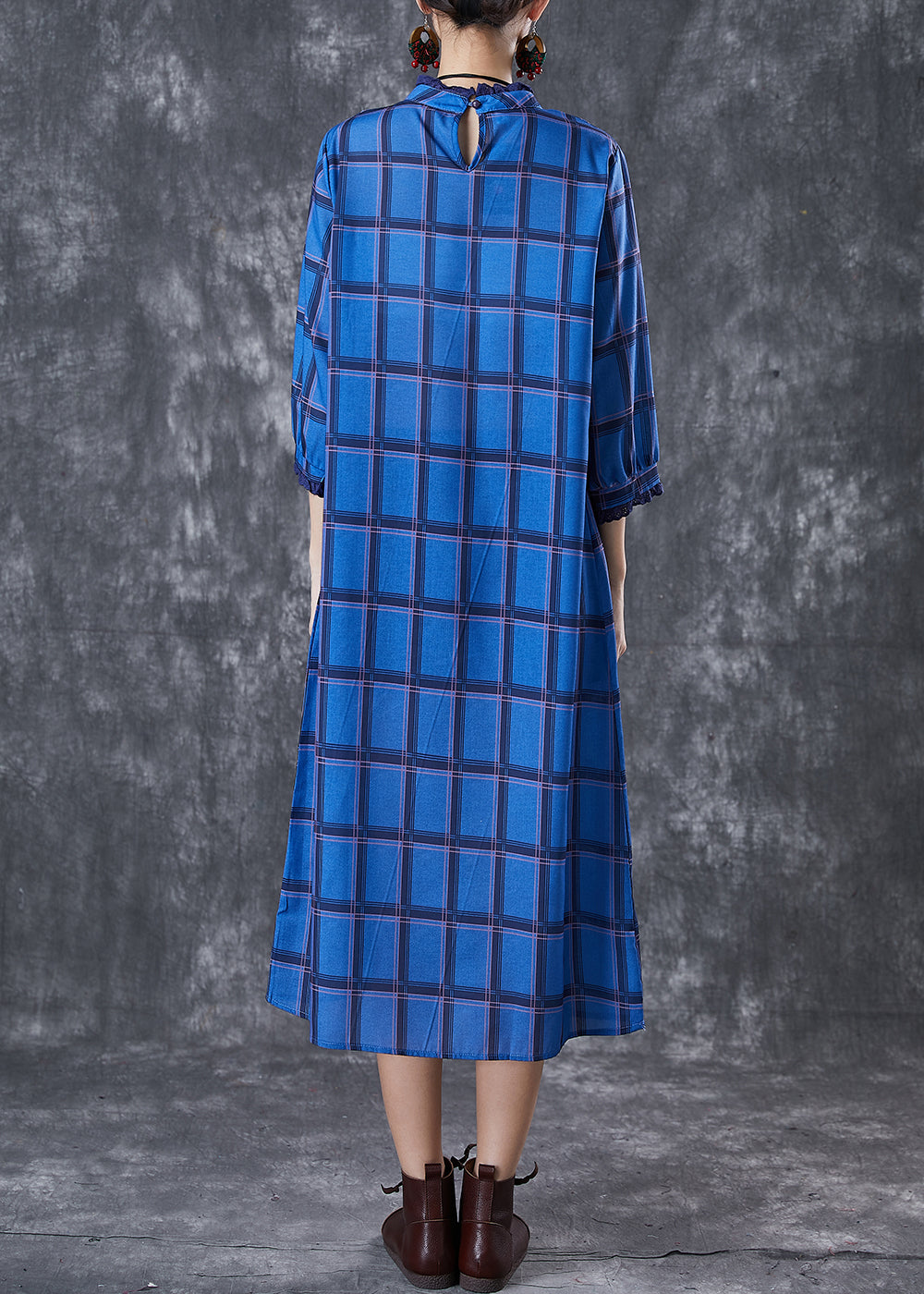 Blue Stand Collar Print Linen Dress Bracelet Sleeve