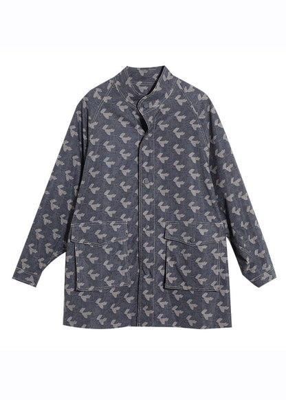 Blue Stand Collar Print Pockets Coats Long Sleeve