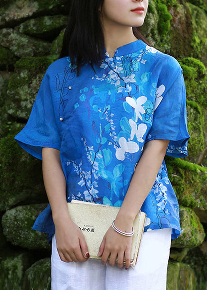 Blue Stand Collar Print Side Open Shirt Short Sleeve