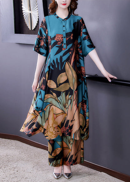 Blue Stand Collar Print Silk Shirt and Wide Leg Pants Two-piece Set Half Sleeve