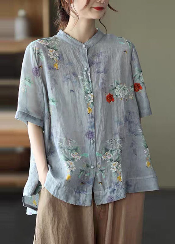 Blue Stand Collar Print Tops Half Sleeve