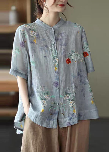 Purple Flower Stand Collar Print Tops Half Sleeve