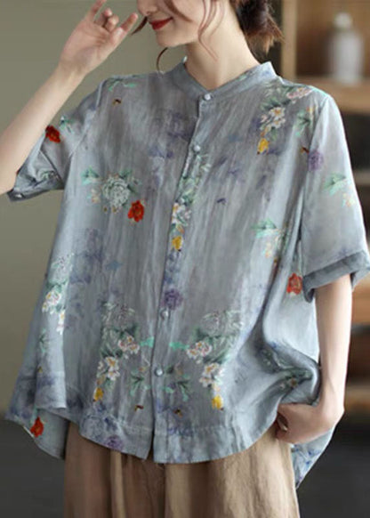 Purple Flower Stand Collar Print Tops Half Sleeve