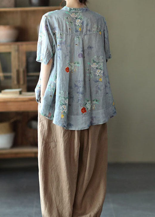 Blue- Flower2 Stand Collar Print Tops Half Sleeve