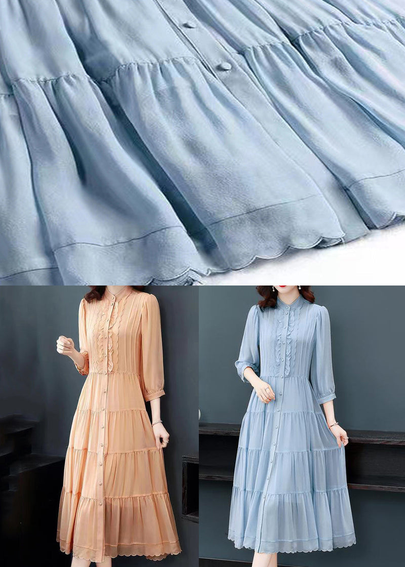 Blue Stand Collar Wrinkled Button Patchwork Silk Dress Fall
