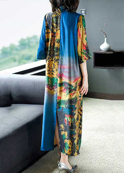 Blue V Neck Asymmetrical Design Print Satin Dresses Half Sleeve