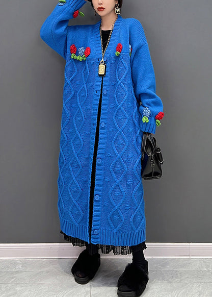 Blue V Neck Button Knit Cardigan Fall