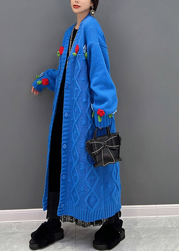 Blue V Neck Button Knit Cardigan Fall