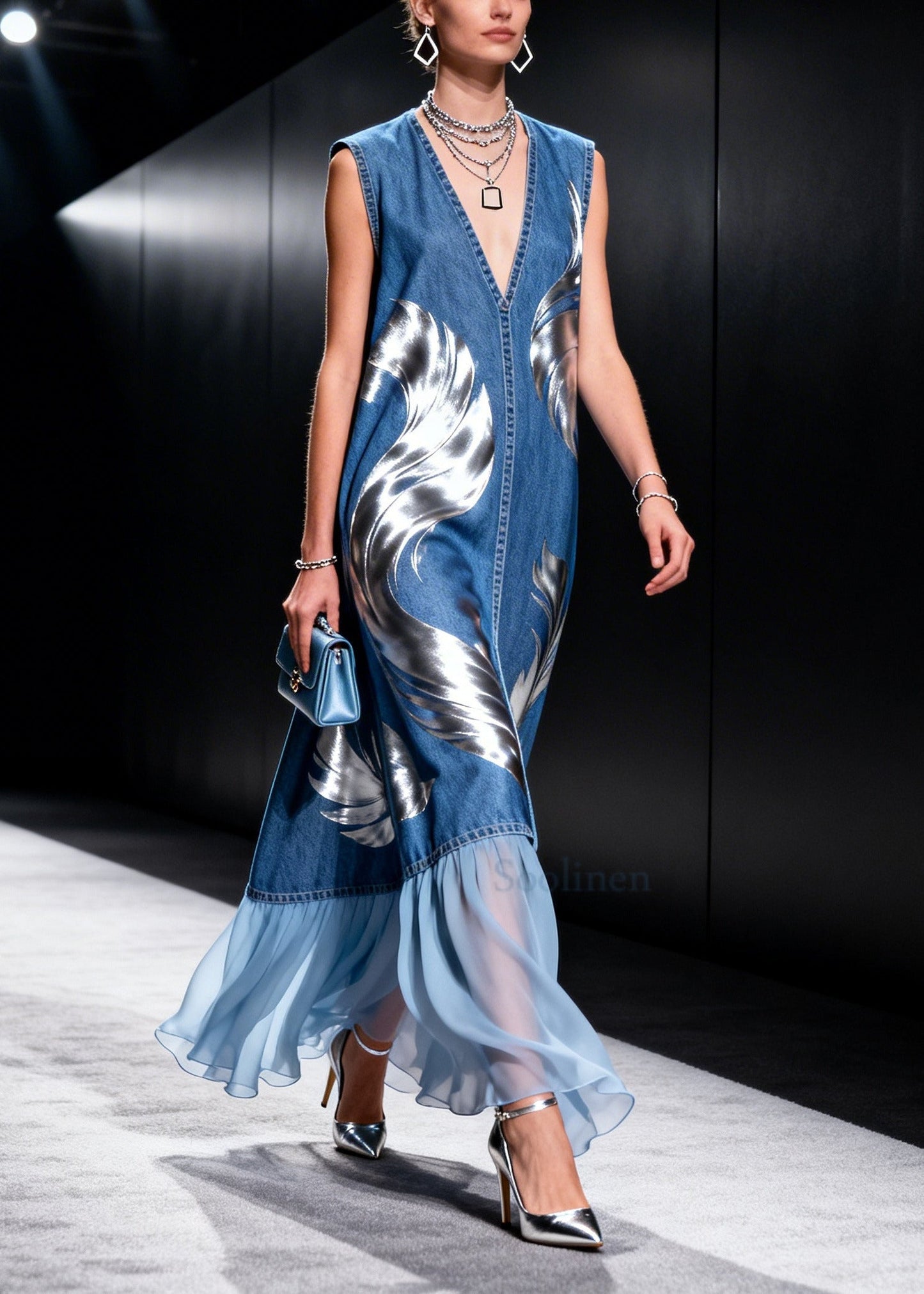 Blue V Neck Patchwork Print Denim Holiday Dresses Sleeveless