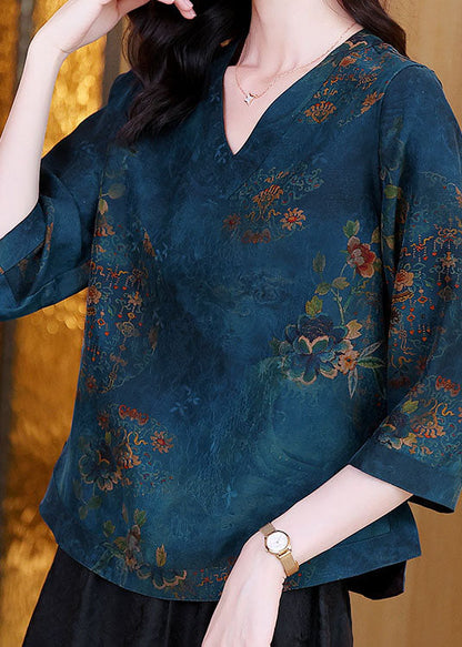 Blue V Neck Patchwork Print Silk Blouse Tops Spring