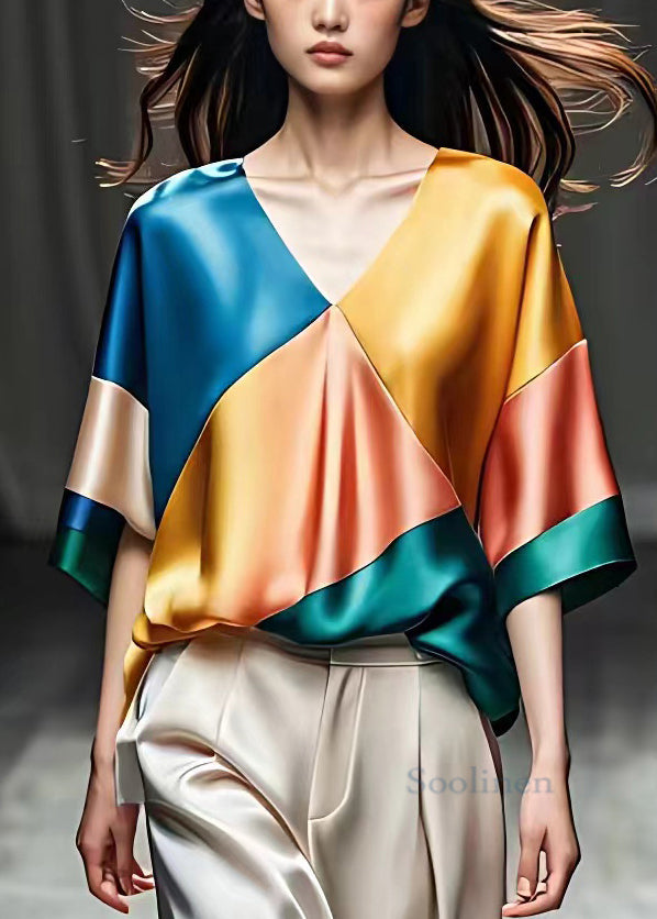 Blue V Neck Patchwork Silk Top Half Sleeve