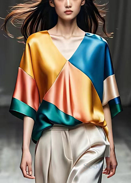 Blue V Neck Patchwork Silk Top Half Sleeve