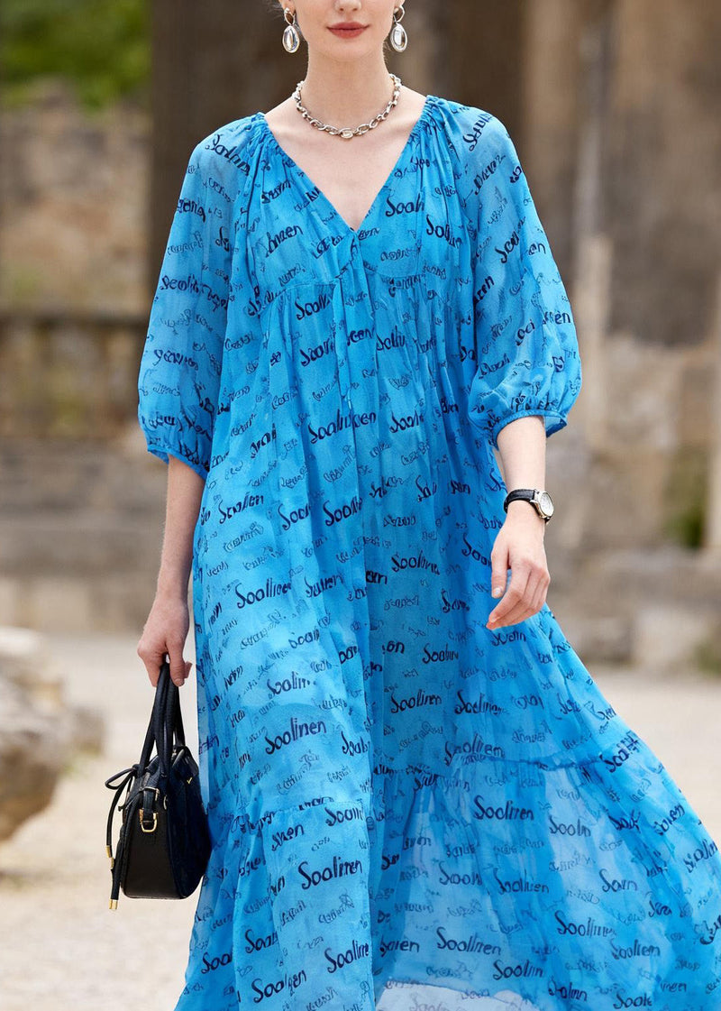 Blue V Neck Print Chiffon Ankle Dress Summer