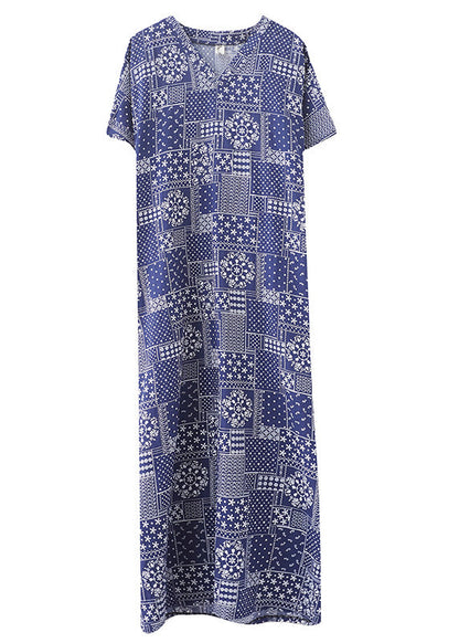 Blue V Neck Print Cotton Beach Long Dress Short Sleeve