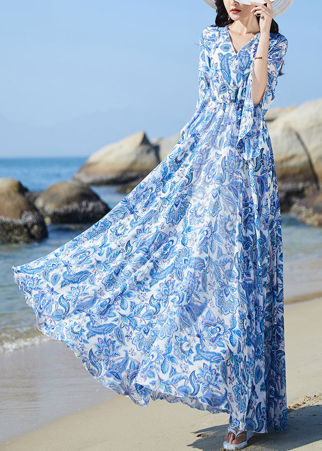 Blue V Neck Print Elastic Waist Chiffon Vacation Maxi Dresses Flare Sleeve