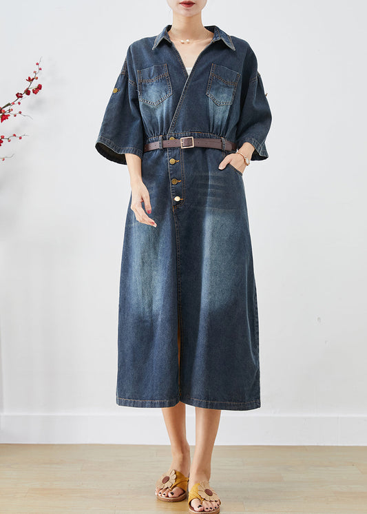 Blue V Neck Side Open Denim Long Dress Fall