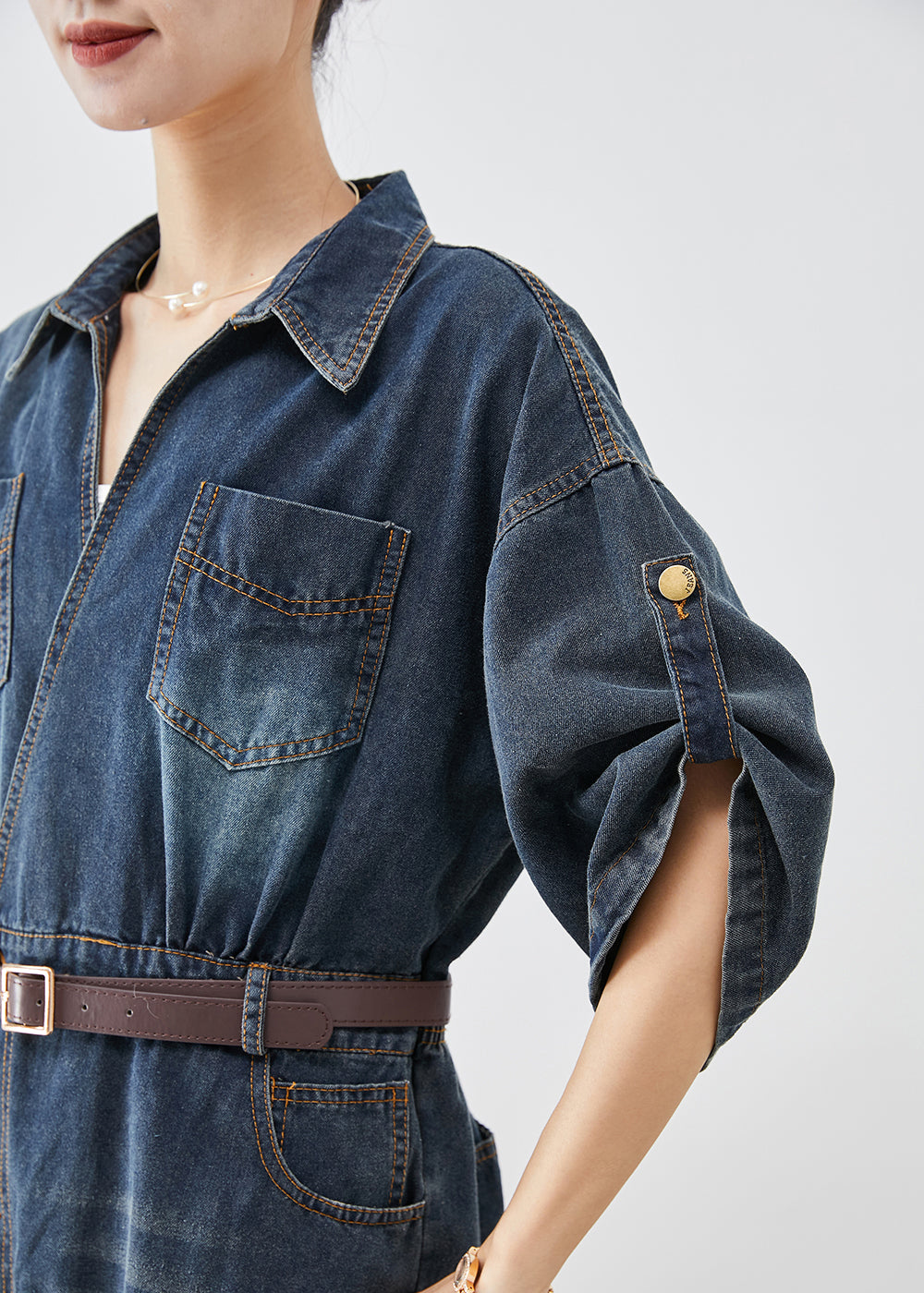 Blue V Neck Side Open Denim Long Dress Fall