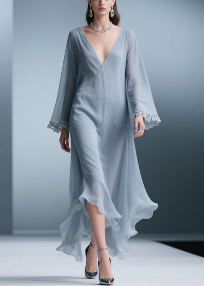 Blue V Neck Lace Chiffon Long Dress Spring