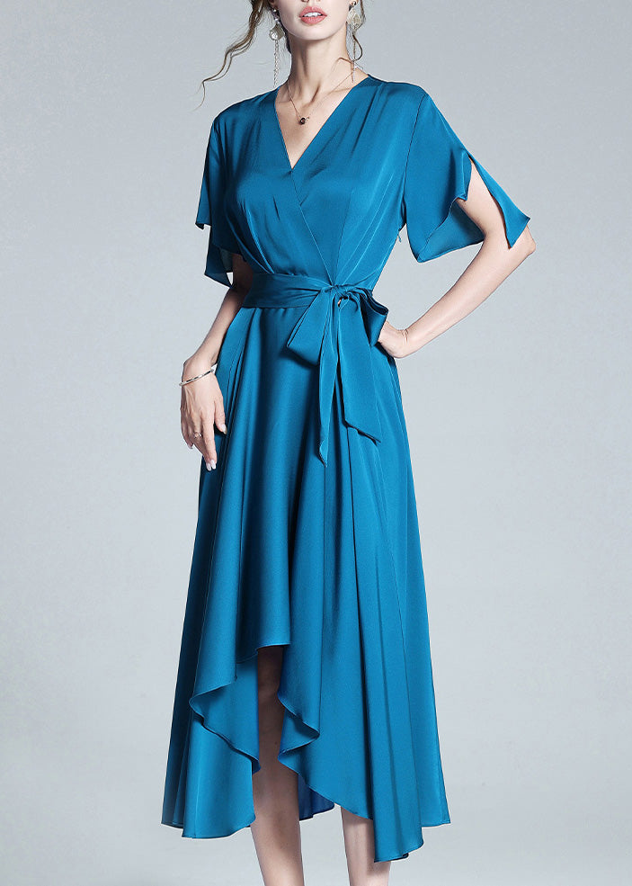 Blue V Neck Tie Waist Silk Long Dresses Summer