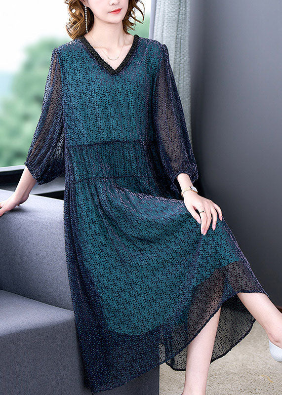 Blue V Neck Wrinkled Patchwork Silk Dress Long Sleeve